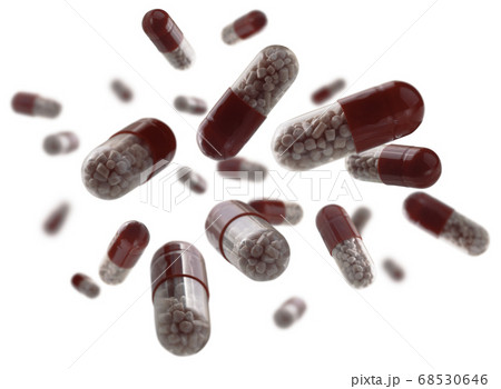 Capsules with the drug levitate on a white background 68530646