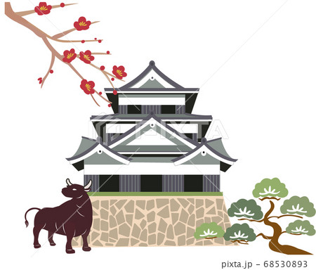 年賀状素材　ウシとお城 68530893
