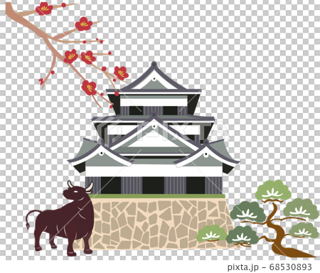 年賀状素材　ウシとお城 68530893