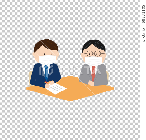 Businessman wearing a mask and talking face-to-face (fill in documents) Businessman wearing a mask and talking face-to-face (fill in documents) 68531105