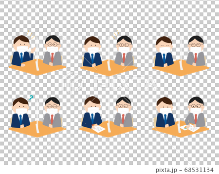 A set of businessmen wearing a mask over an acrylic board and talking face-to-face A set of businessmen wearing a mask over an acrylic board and talking face-to-face 68531134