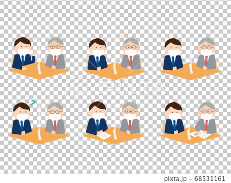 A set of businessmen wearing a mask over an acrylic board and talking face-to-face A set of businessmen wearing a mask over an acrylic board and talking face-to-face 68531161