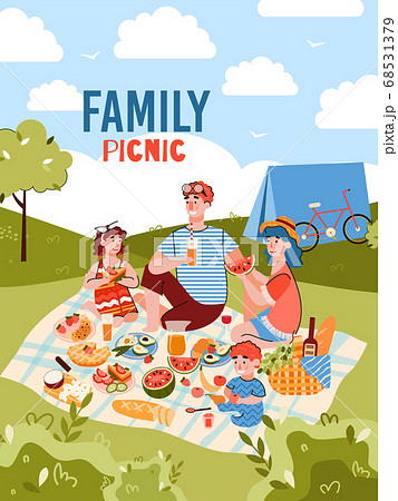 Family picnic on summer day - cartoon poster... - Stock Illustration  [68531379] - PIXTA