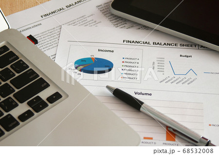 Financial paper and work station with tablet on working table, business concept. 68532008