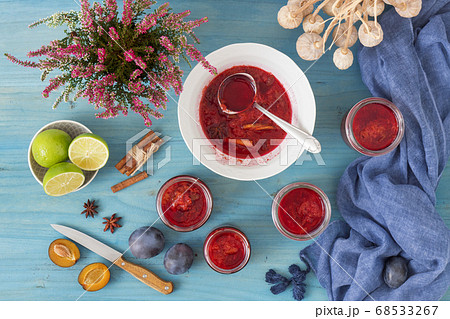 Making plum compote. Harvest season in the kitchen, plum compote preserving, plum jam production. Making plum compote. Harvest season in the kitchen, plum compote preserving, plum jam production. 68533267