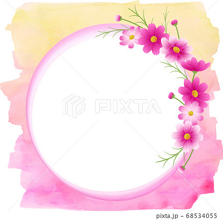 ピンクのグラデーションのコスモスの丸フレーム リース イエローピンクの水彩の背景 秋イメージのイラスト素材