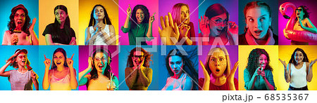 Collage of portraits of young people on multicolored background in neon light 68535367