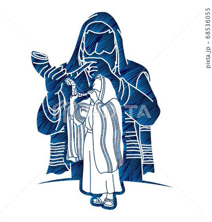 Group of Jewish blowing the shofar horn cartoon graphic vector. 68536055