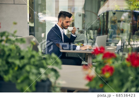Attentive male person staring at screen of laptop 68536423