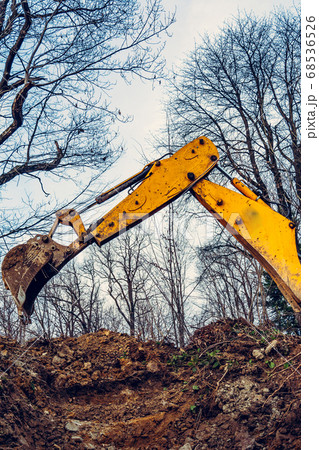A yellow excavator in the forest digs a pit for a 68536526