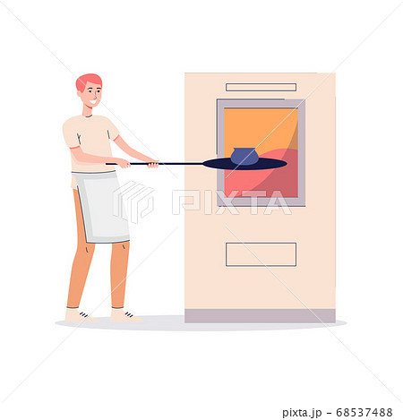 Ceramist burns in stove clay pottery, flat cartoon vector illustration isolated. 68537488