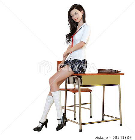 授業の後で学校の机に座ってリラックスしながらこちらを見つめている女子高生のイラスト素材
