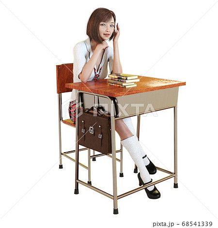 学校の机に座る制服を着た普通の女子高生のイラスト素材