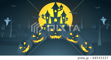 Halloween pumpkin head on hill with castle, graveyard, bat, ghost and bright moon, paper art style 68543337