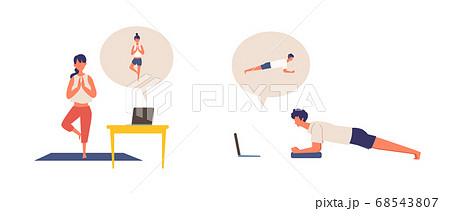 オンラインレッスンで在宅トレーニングする男女のイラストのイラスト素材 オンラインレッスンで在宅トレーニングする男女のイラストのイラスト素材