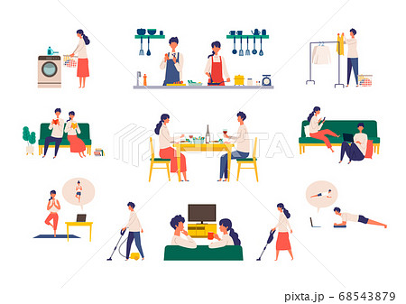 ステイホームを楽しむ男女のイラスト 68543879