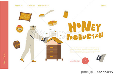 Farmer Producing Honey. Apiculture Natural Product Landing Page Template. Male Character in Protective Uniform and Hat Farmer Producing Honey. Apiculture Natural Product Landing Page Template. Male Character in Protective Uniform and Hat 68545045