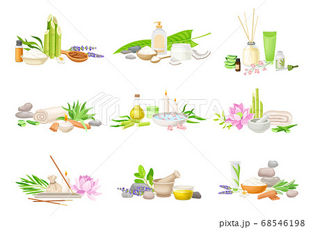 Spa Treatment Composition with Bamboo, Essential Oil and Stones for Energy Body Massage Vector Set Spa Treatment Composition with Bamboo, Essential Oil and Stones for Energy Body Massage Vector Set 68546198