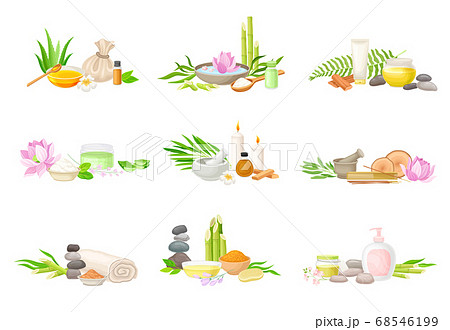 Spa Treatment Composition with Bamboo, Essential Oil and Stones for Energy Body Massage Vector Set Spa Treatment Composition with Bamboo, Essential Oil and Stones for Energy Body Massage Vector Set 68546199