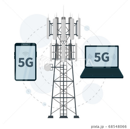 5g Mast Base Stations With Smartphone And Laptopのイラスト素材 5g Mast Base Stations With Smartphone And Laptopのイラスト素材
