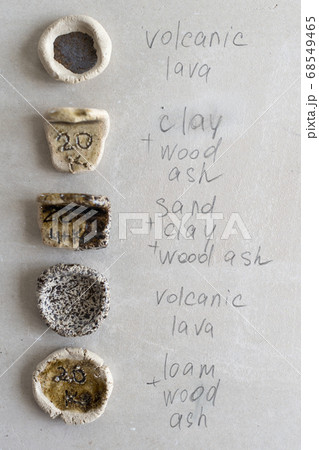 Ceramic samples with writings on gray concrete Ceramic samples with writings on gray concrete 68549465