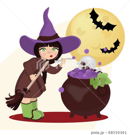 WIZARD MOON Mystic Holiday Cartoon Hand Drawn Flat Design Witch Girl Vector Illustration Set For Print 68550361