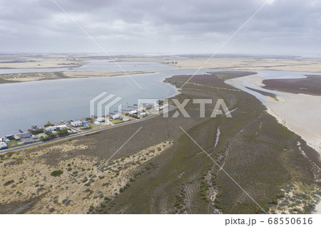 Aerial view of The Coorong at the mouth of the River Murray in South Australia in regional Australia 68550616