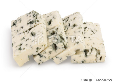 Blue cheese slices isolated on white background with clipping path and full depth of field. Blue cheese slices isolated on white background with clipping path and full depth of field. 68550759