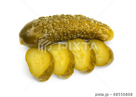 Marinated pickled cucumber isolated on white background with clipping path and full depth of field. Top view. Flat lay Marinated pickled cucumber isolated on white background with clipping path and full depth of field. Top view. Flat lay 68550808