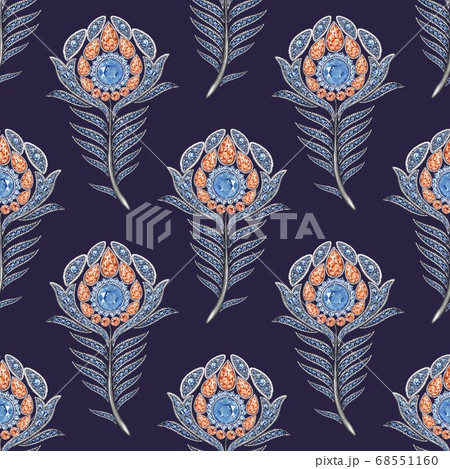 Peacock jewelry the feather. Seamless pattern, watercolor hand-drawing. Background Peacock jewelry the feather. Seamless pattern, watercolor hand-drawing. Background 68551160