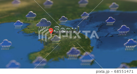 Rainy weather icons near Seoul city on the map, weather forecast related 3D rendering Rainy weather icons near Seoul city on the map, weather forecast related 3D rendering 68551471