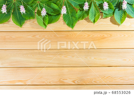 chestnut leaves on a wooden background top view chestnut leaves on a wooden background top view 68553026