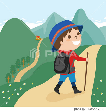 登山のハイキングコースを散策してる若い男性のイラスト のイラスト素材