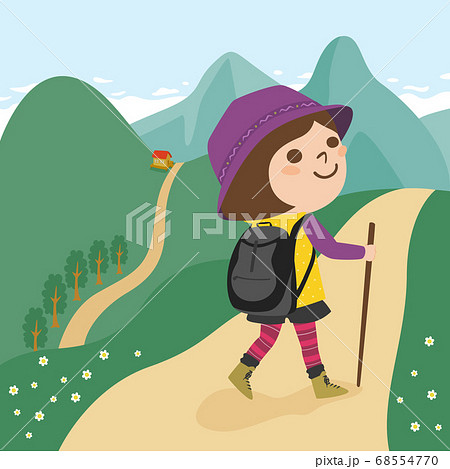 登山のハイキングコースを散策してる若い女性のイラスト のイラスト素材