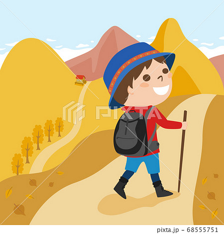 紅葉した登山のハイキングコースを散策してる男性のイラスト のイラスト素材