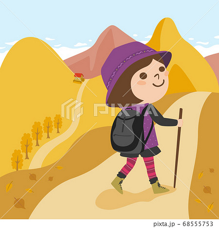 紅葉した登山のハイキングコースを散策してる女性のイラスト のイラスト素材