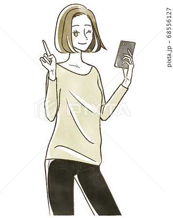 スマホを手に人差し指を立てる女性のイラスト素材 スマホを手に人差し指を立てる女性のイラスト素材