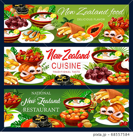 New Zeland cuisine cartoon vector banners set New Zeland cuisine cartoon vector banners set 68557584