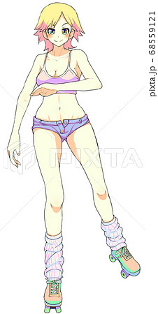 ローラースケートに乗ったビキニのセクシー女性 金髪 白人女性のイラスト素材