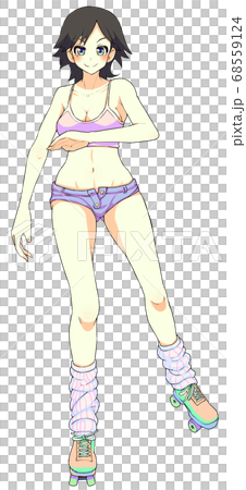 Sexy woman in bikini riding on roller skates black hair Asian 68559124