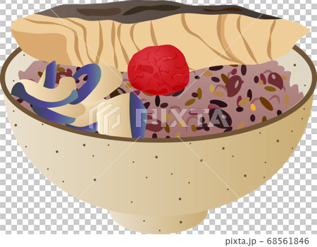 焼き魚と梅干しと茄子の漬け物をのせた雑穀米 68561846