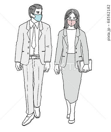 手描き風ベクターイラスト マスクをして歩くスーツの男女のイラスト素材