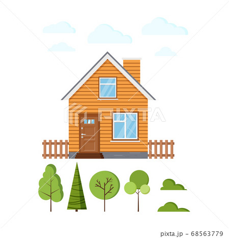 Residental house exterior with fences, clouds and different trees icon set isolated on white background. 68563779