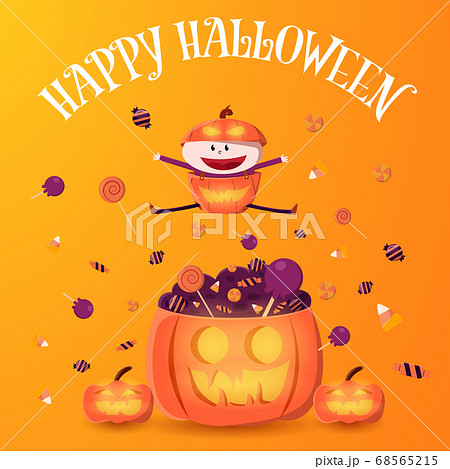 Kid in pumpkin costume jump on the pumpkin with pile of candy. Halloween vector illustration. 68565215