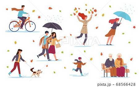 People in fall season. Guys in autumn park, riding bicycle, walking with dog, men and women with umbrella among falling leaves, pensioners sitting on bench vector flat set People in fall season. Guys in autumn park, riding bicycle, walking with dog, men and women with umbrella among falling leaves, pensioners sitting on bench vector flat set 68566428