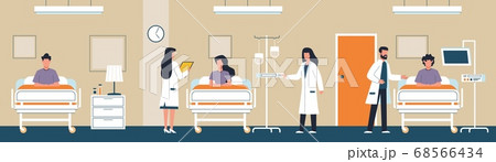 Intensive therapy clinic. Doctors examining patient in ward medical care, using oxygen therapy, nurse provide dropper, interior panorama healthcare vector horizontal concept 68566434