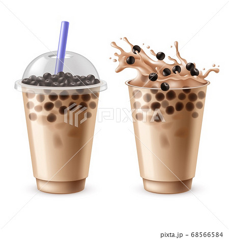 Bubble tea. Bubbles milk drinks with black tapioca, delicious milkshake, sweet liquid dessert with balls, popular asian pearls tea, plastic open and closed glass to go vector set 68566584
