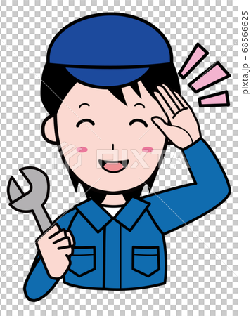 Male staff in work clothes, saluting with a spanner 68566625