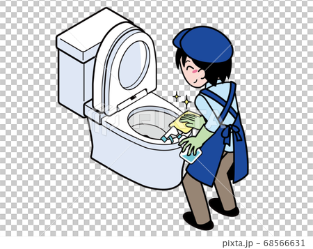 Young man of a trader cleaning the toilet shiny with a brush Young man of a trader cleaning the toilet shiny with a brush 68566631