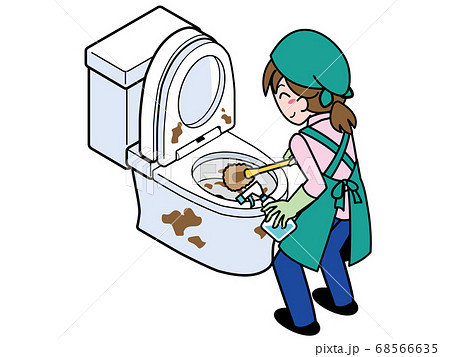 ブラシで汚れたトイレを清掃する業者の若い女性 68566635